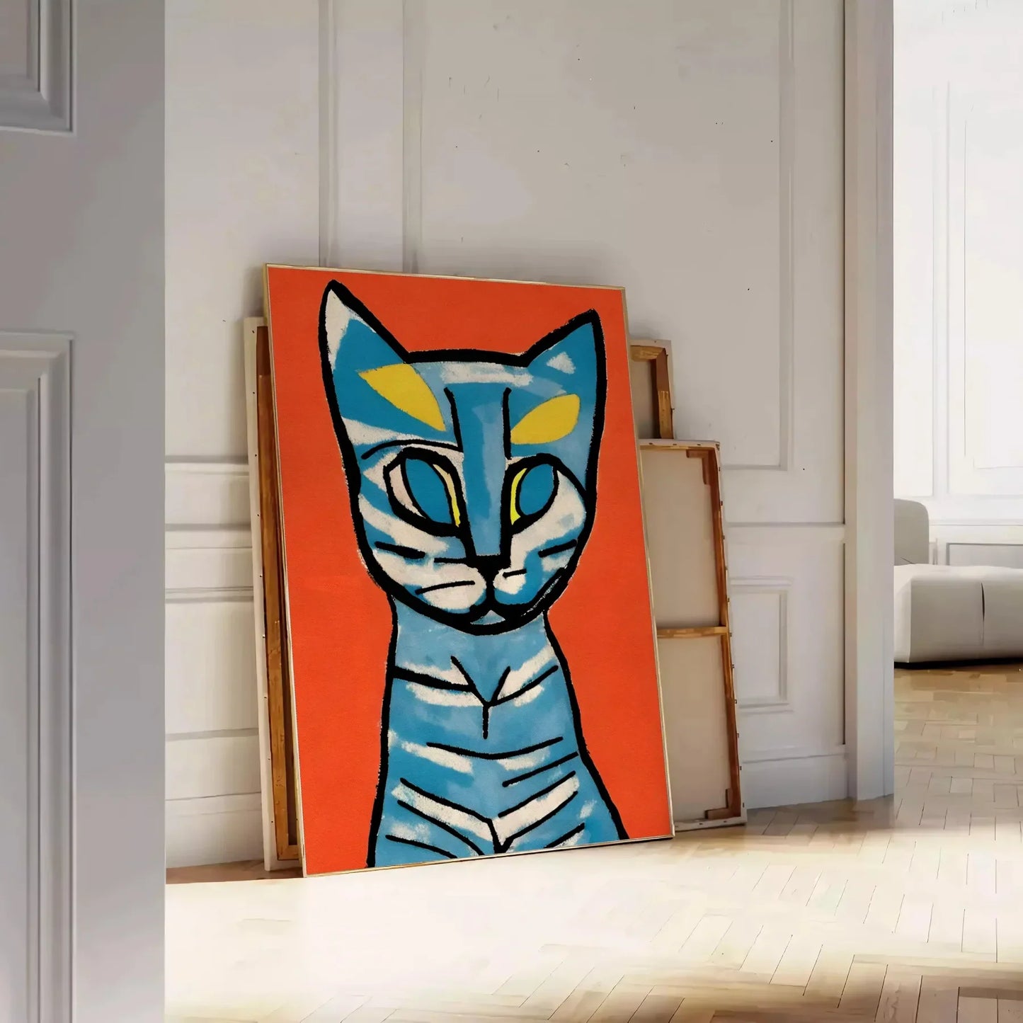 space captivating Cat Modern Art Poster vibrant blend blue brown hues stunning wall decor perfect gift print framed artwork enthusiasts