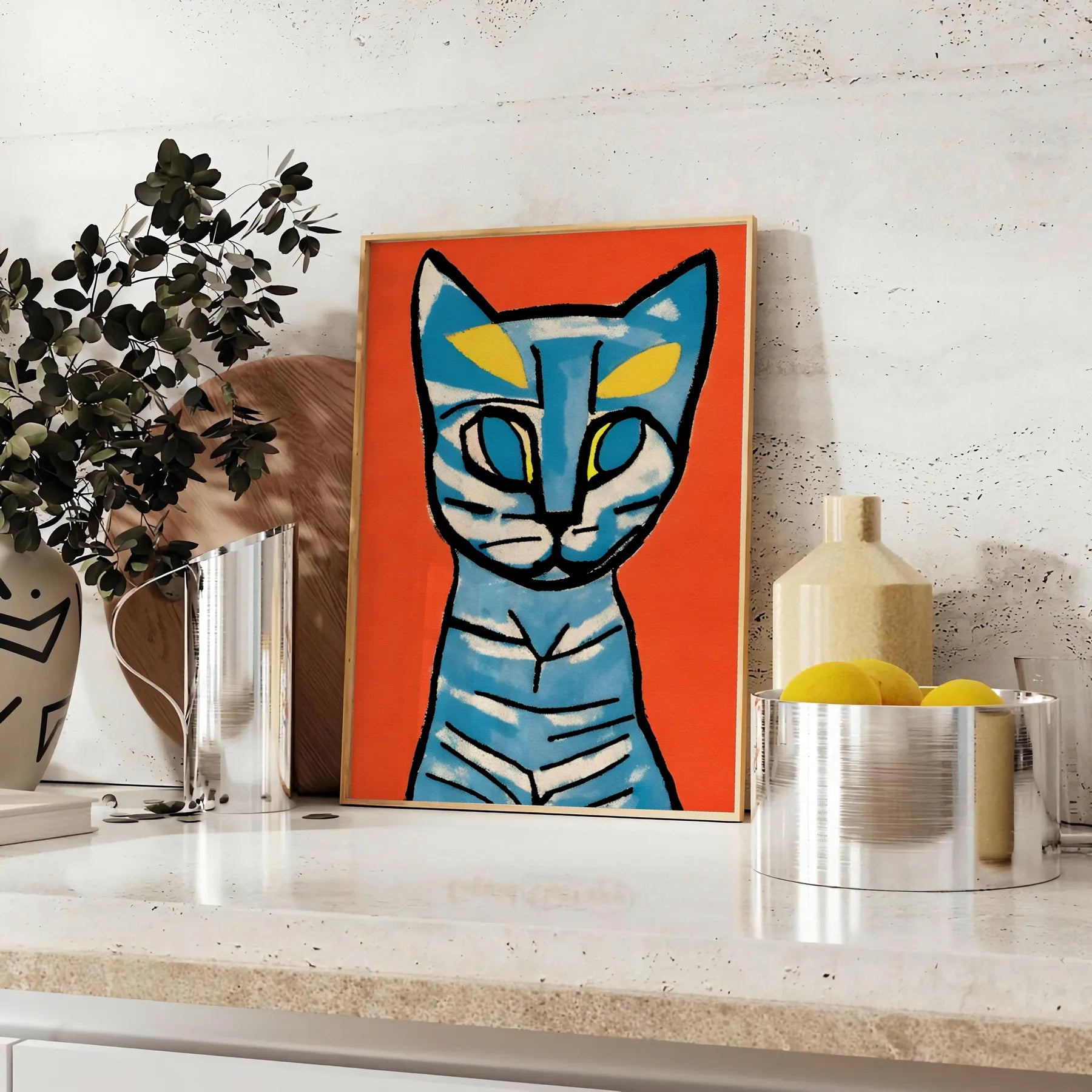 space captivating Cat Modern Art Poster vibrant blend blue brown hues stunning wall decor perfect gift print framed artwork enthusiasts