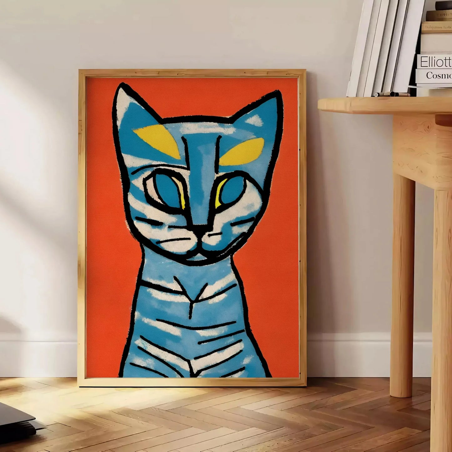 space captivating Cat Modern Art Poster vibrant blend blue brown hues stunning wall decor perfect gift print framed artwork enthusiasts