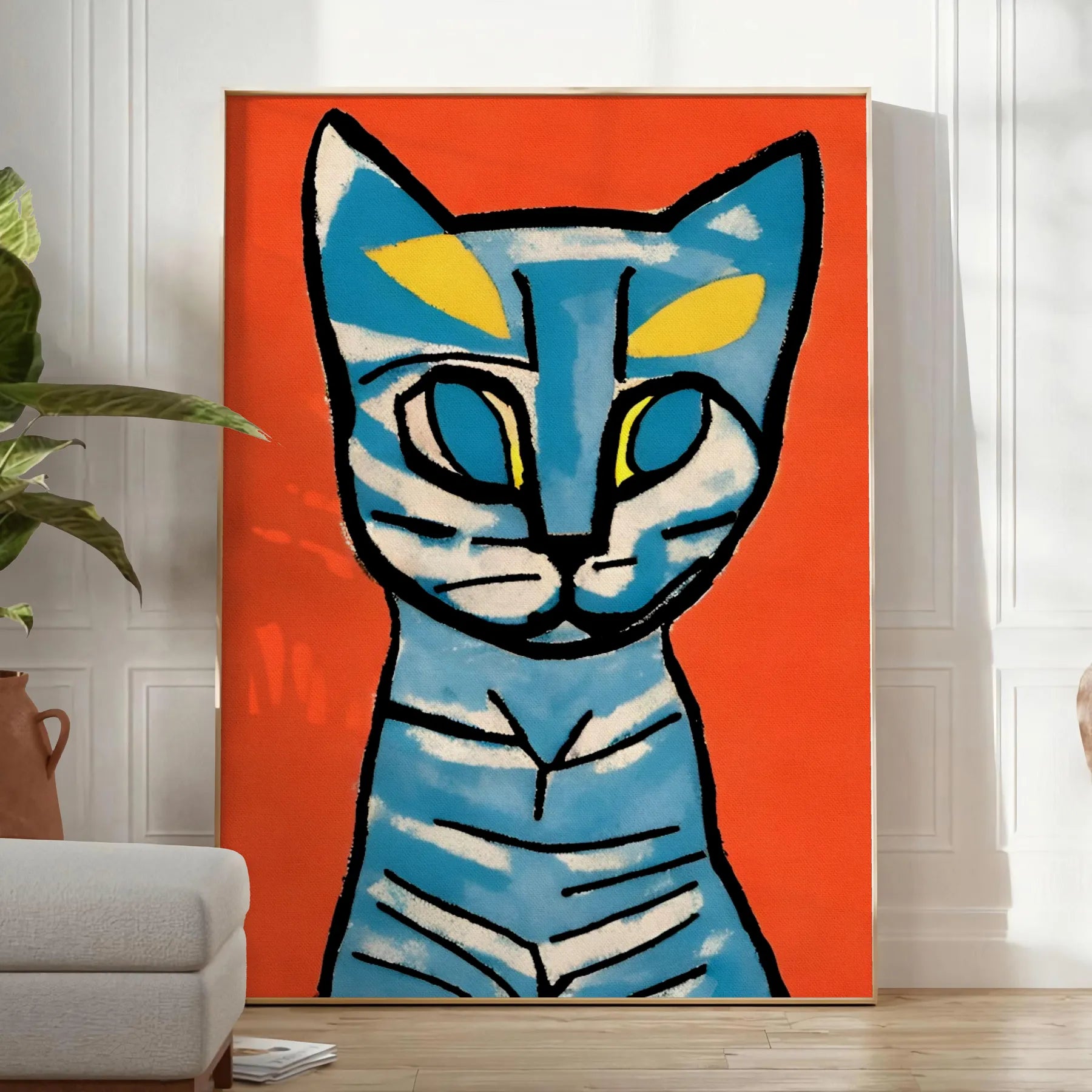 space captivating Cat Modern Art Poster vibrant blend blue brown hues stunning wall decor perfect gift print framed artwork enthusiasts