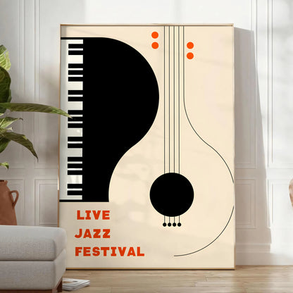 space vibrant rhythm Live Jazz Festival LR maximalist poster orange black striking wall art perfect gift music lovers sizes A4 cm A0 decor stunning artwork