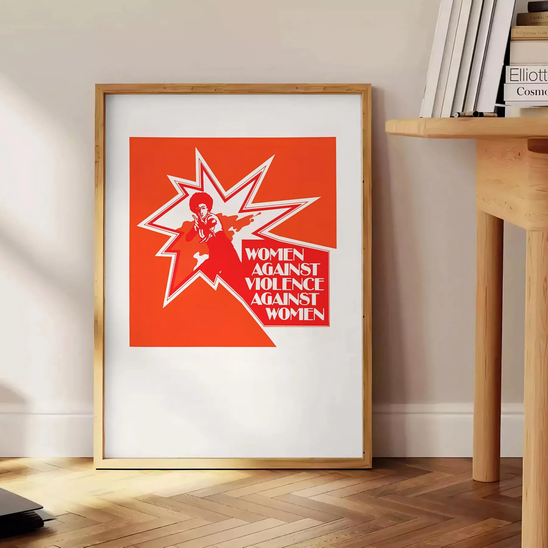 space vibrant maximinimalist Women Against Violence poster orange brown hues impactful wall art statement piece thoughtful gift décor perfect support framed frameless