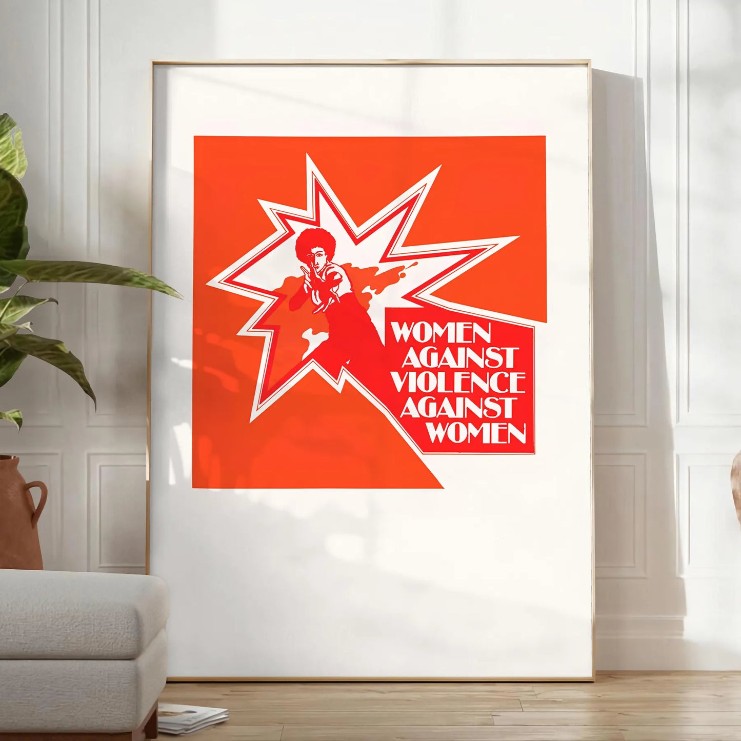 space vibrant maximinimalist Women Against Violence poster orange brown hues impactful wall art statement piece thoughtful gift décor perfect support framed frameless