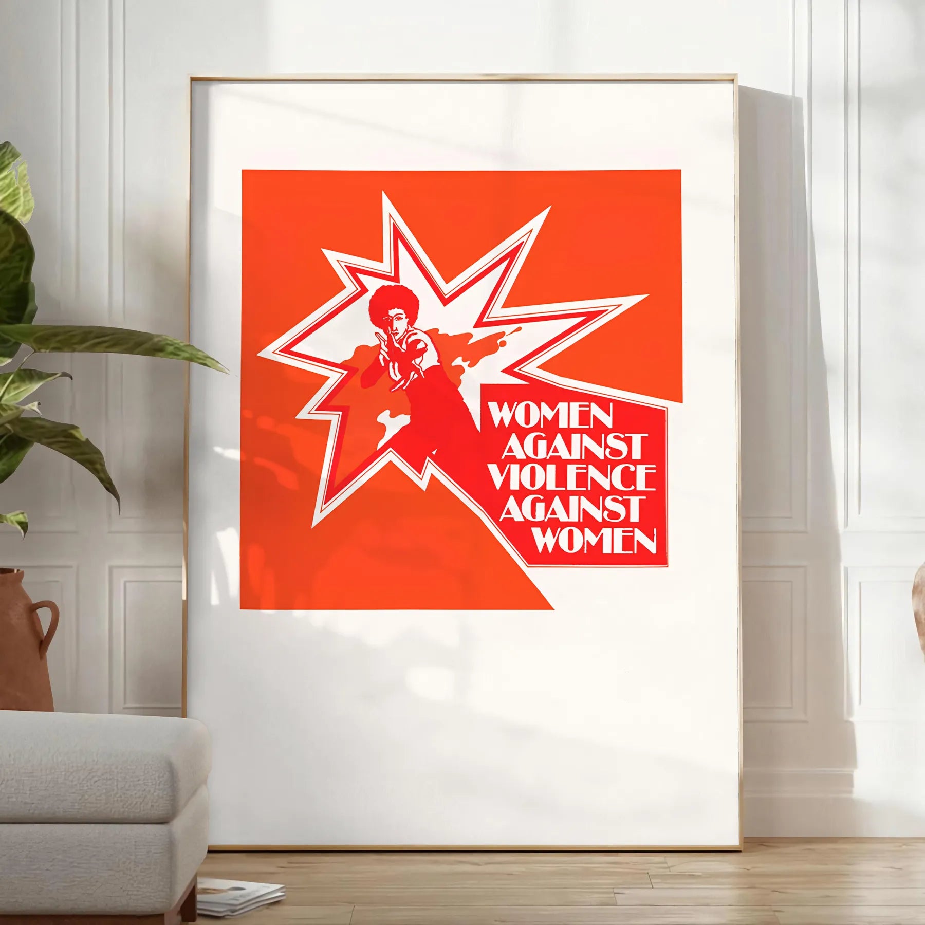 space vibrant maximinimalist Women Against Violence poster orange brown hues impactful wall art statement piece thoughtful gift décor perfect support framed frameless